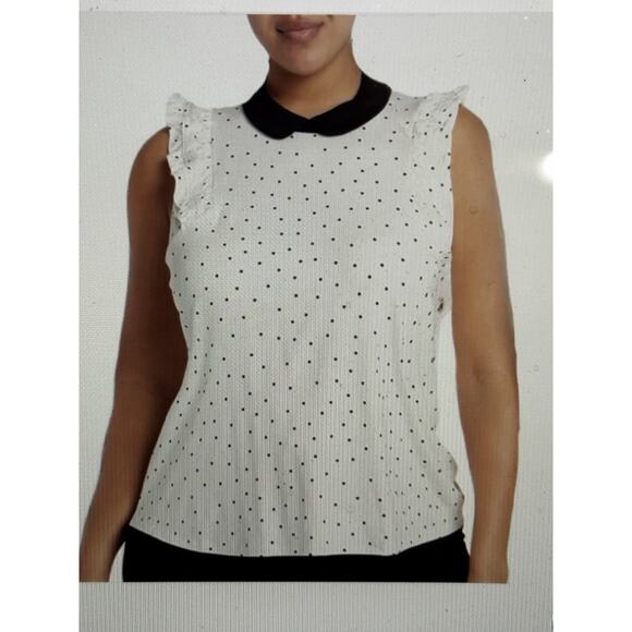 CeCe White With Black Dots Ruffled Sleeveless Black Collar - Picture 1 of 6